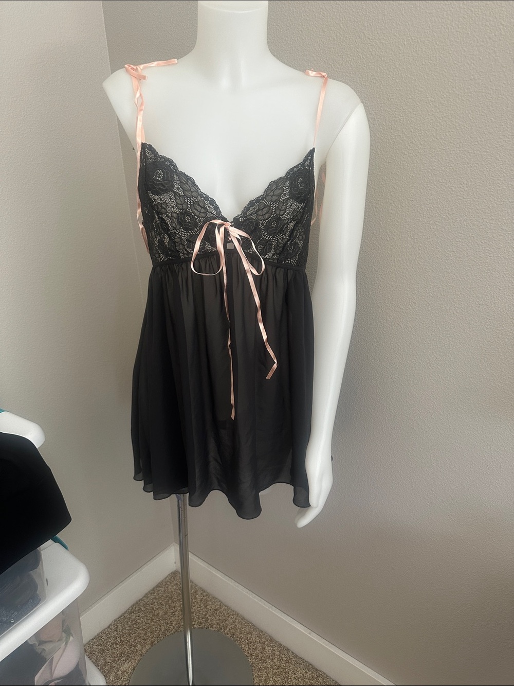 Victoria's Secret Black Lace Babydoll with Pink Satin Ties